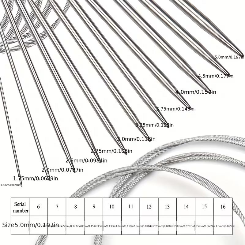 Stainless Steel Fixed Circular Knitting Needle 11pc Set (1.5mm - 5.0mm)
